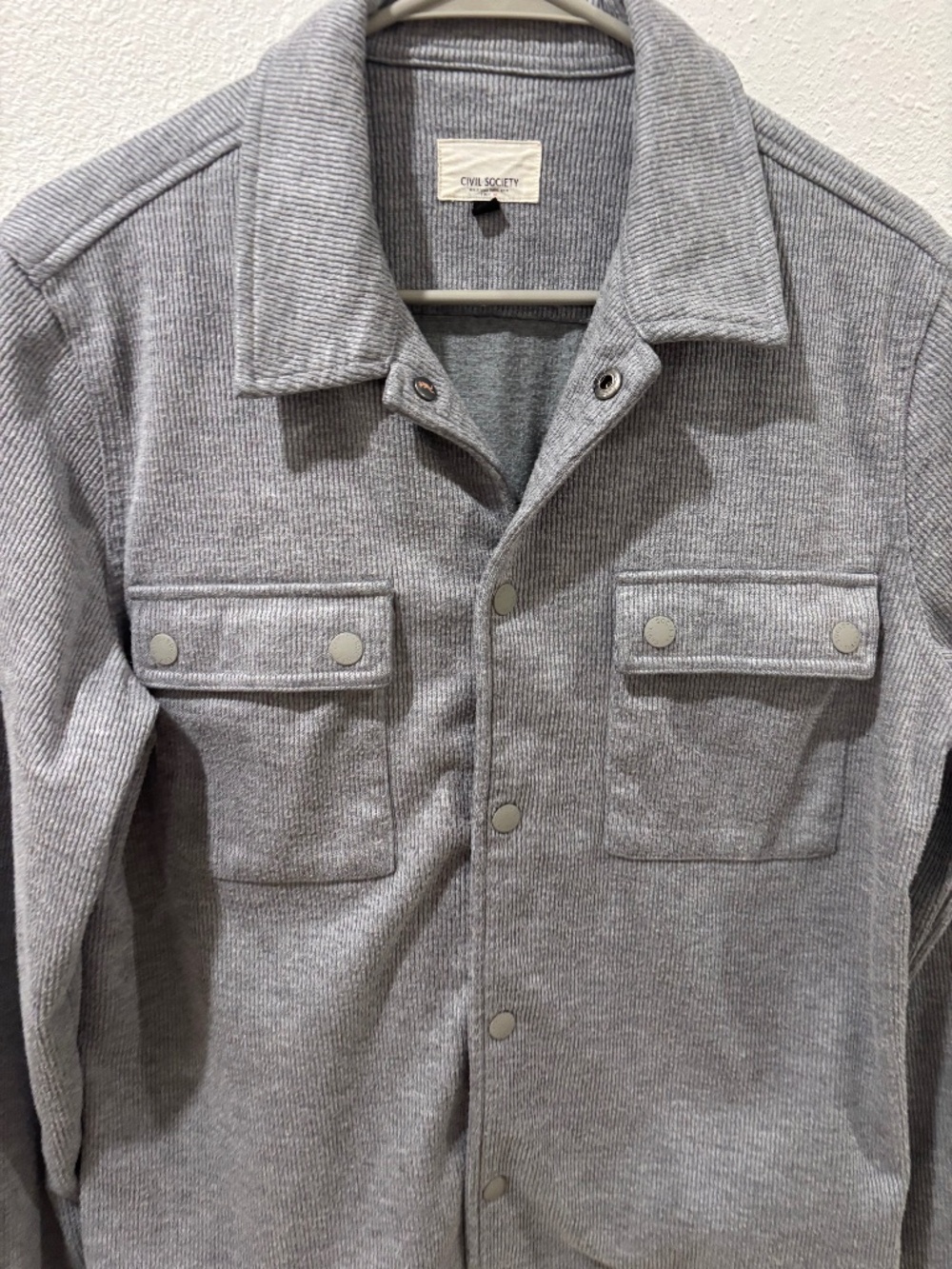 Civil Society gray knit shirt jacket (shacket) with dual chest flap pockets